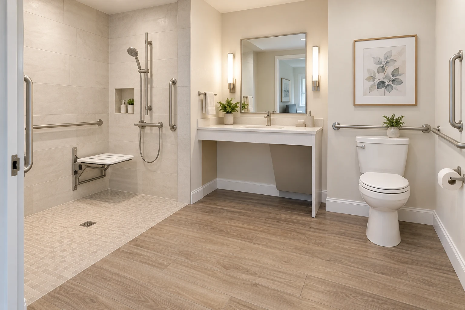 Curbless shower and bathroom design concept