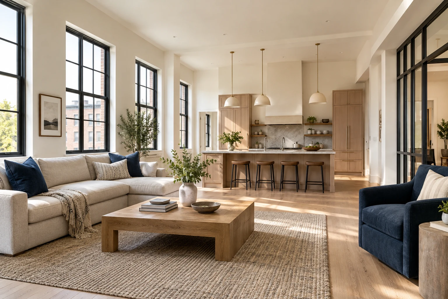 AI design illustration of a commercial-to-residential conversion with bright windows and an open kitchen
