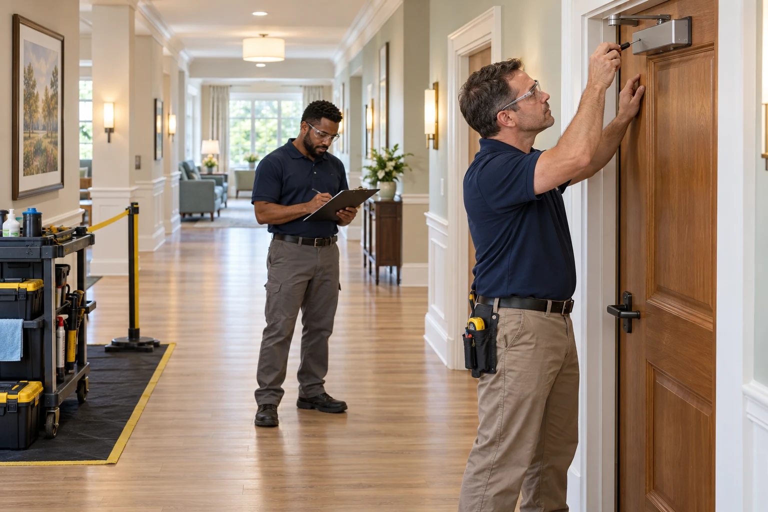 AI illustration of professional maintenance technicians inspecting a door closer
